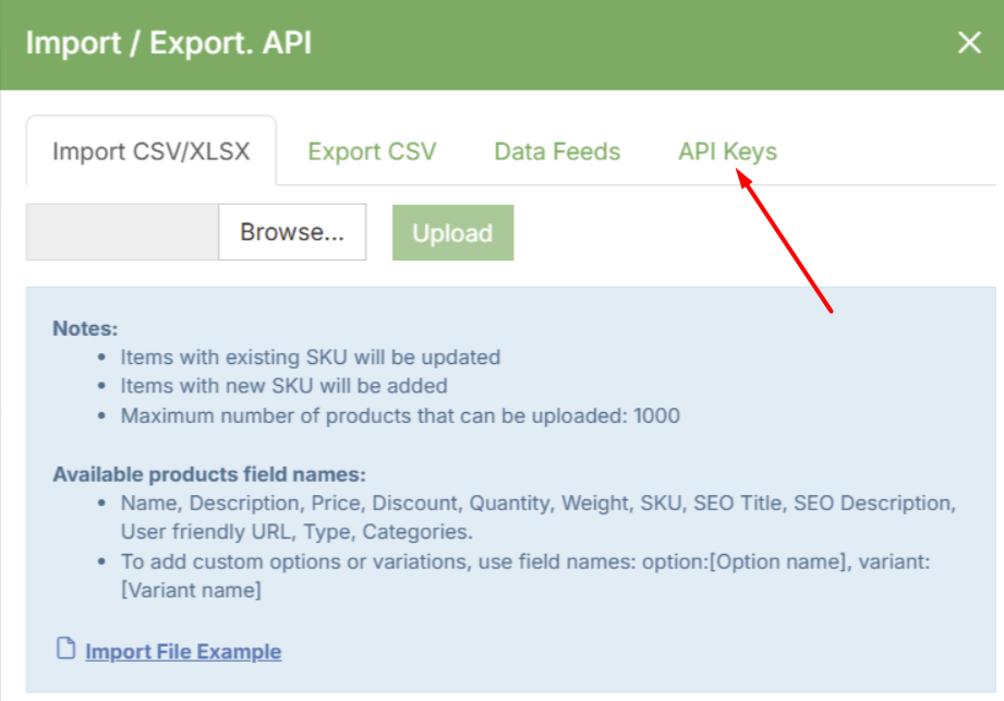 For API key search in Site.pro online store